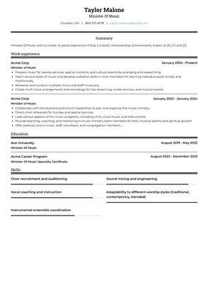 Minister Of Music Resume Sample and Template