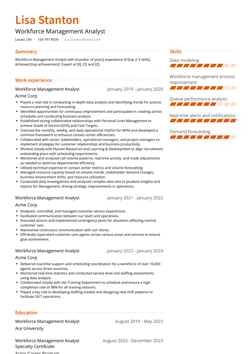 Workforce Management Analyst Resume Sample and Template