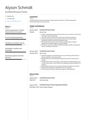 Certified Personal Trainer Resume Sample and Template