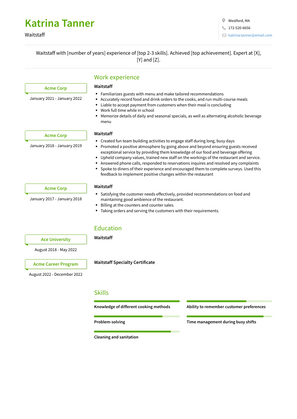 Waitstaff Resume Sample and Template