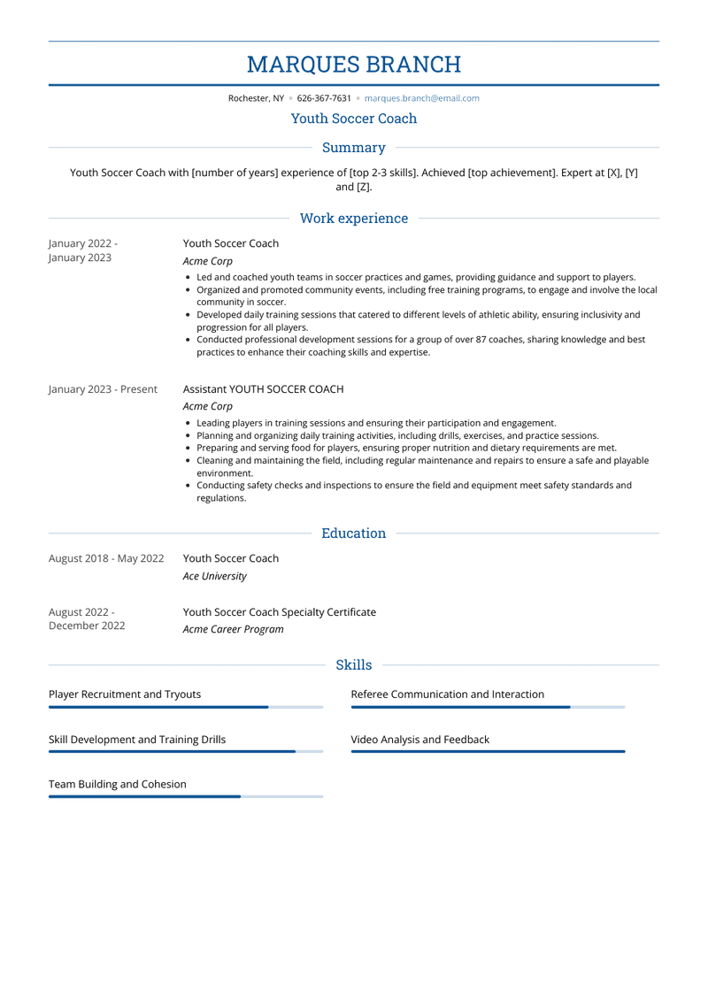 Youth Soccer Coach Resume Sample and Template