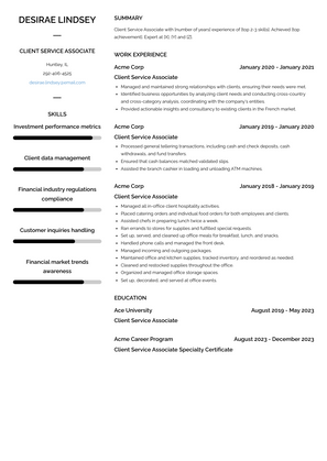 Client Service Associate Resume Sample and Template