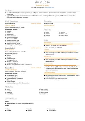 Summer Student Resume Sample and Template