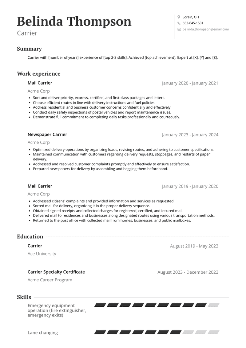 Carrier Resume Sample and Template