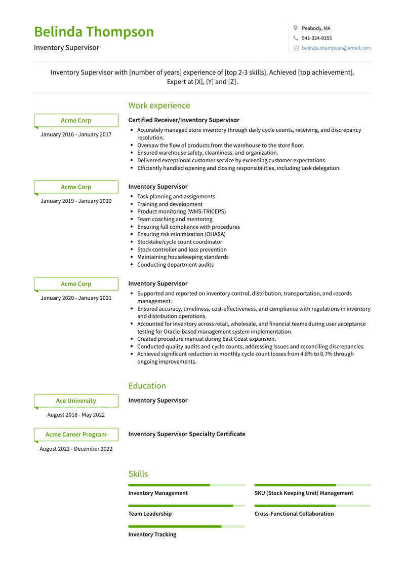 Inventory Supervisor Resume Sample and Template