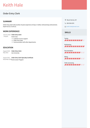Order Entry Clerk Resume Sample and Template