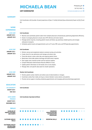 Unit Coordinator Resume Sample and Template