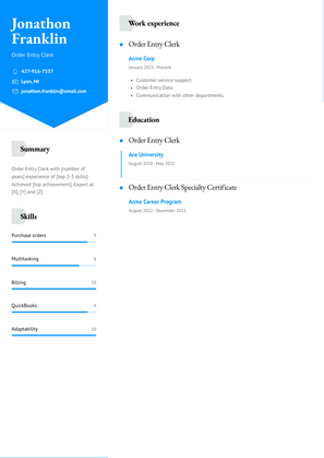 Order Entry Clerk Resume Sample and Template