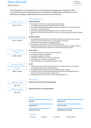 Resident Advisor Resume Sample and Template