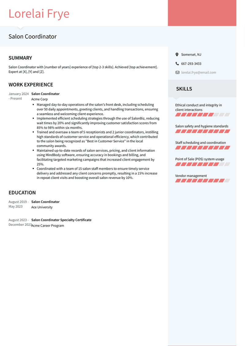 Salon Coordinator Resume Sample and Template