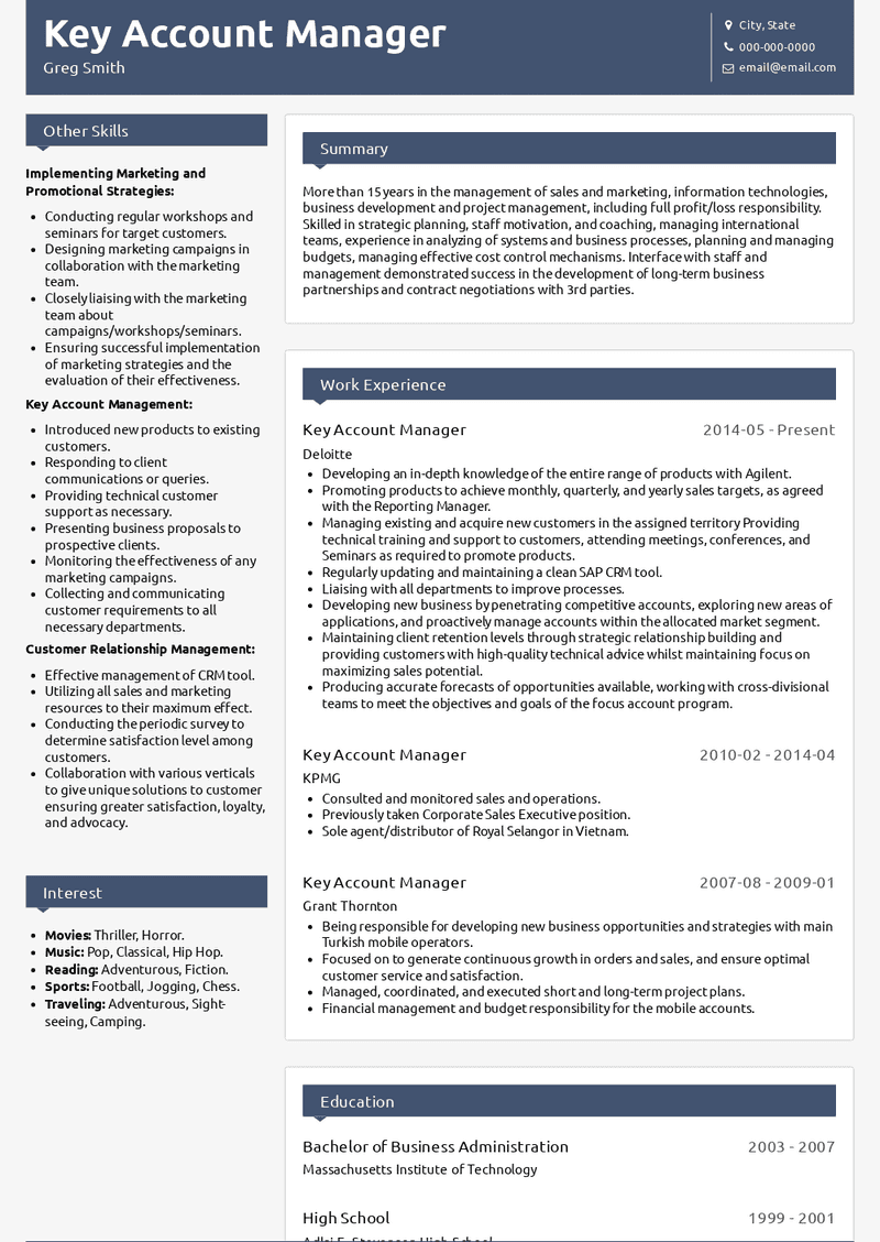 Key Account Manager Resume Sample and Template