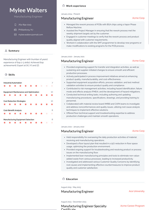 Manufacturing Engineer Resume Sample and Template