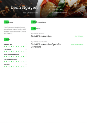 Cash Office Associate Resume Sample and Template