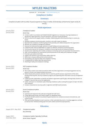 Compliance Auditor Resume Sample and Template