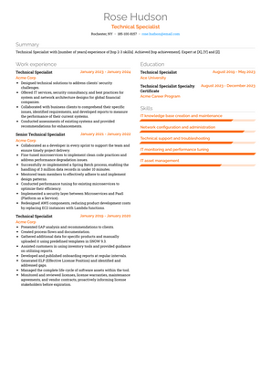 Technical Specialist Resume Sample and Template