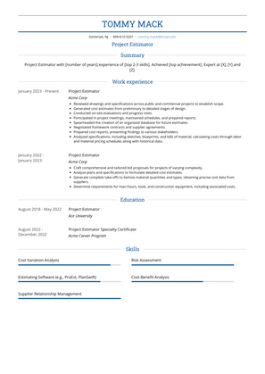 Project Estimator Resume Sample and Template