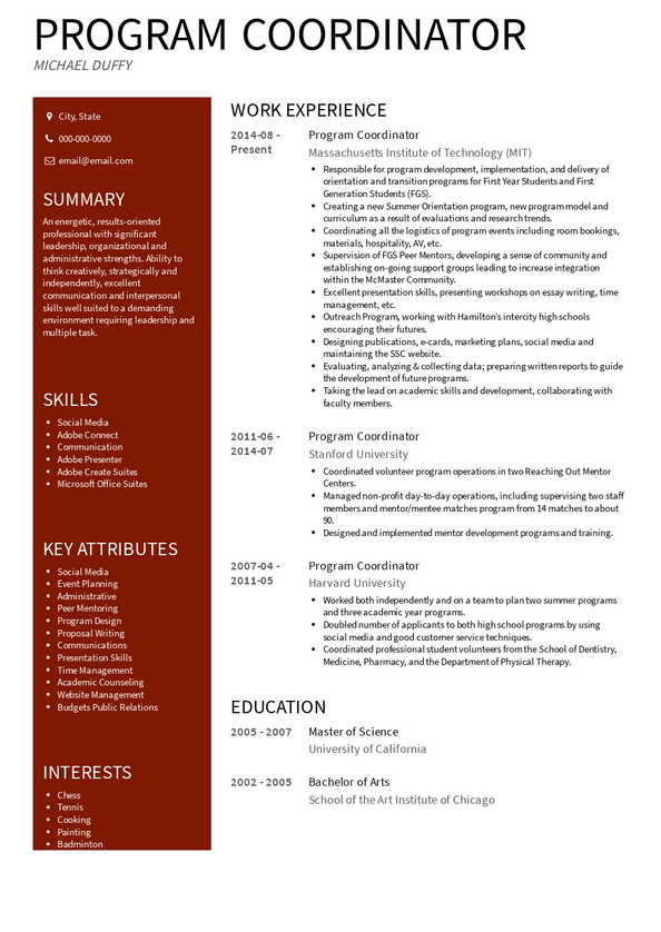 Program Coordinator Resume Samples and Templates | VisualCV