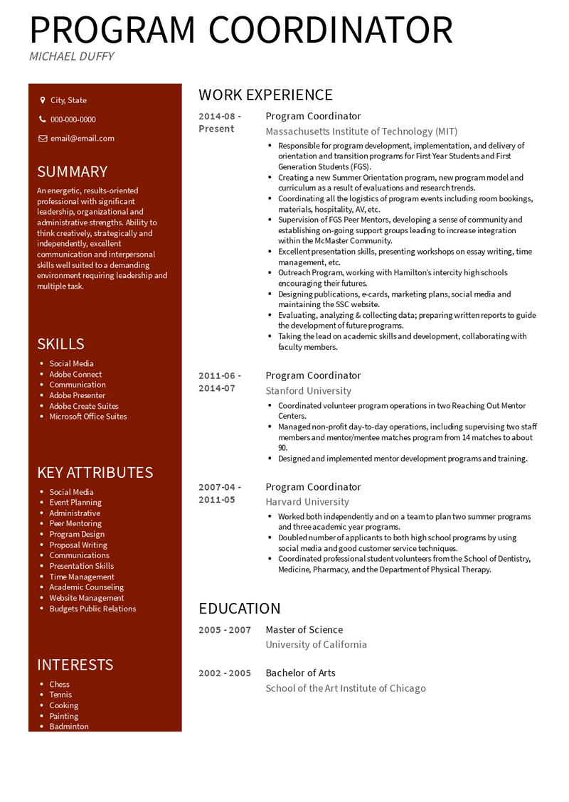 Program Coordinator Resume Sample and Template