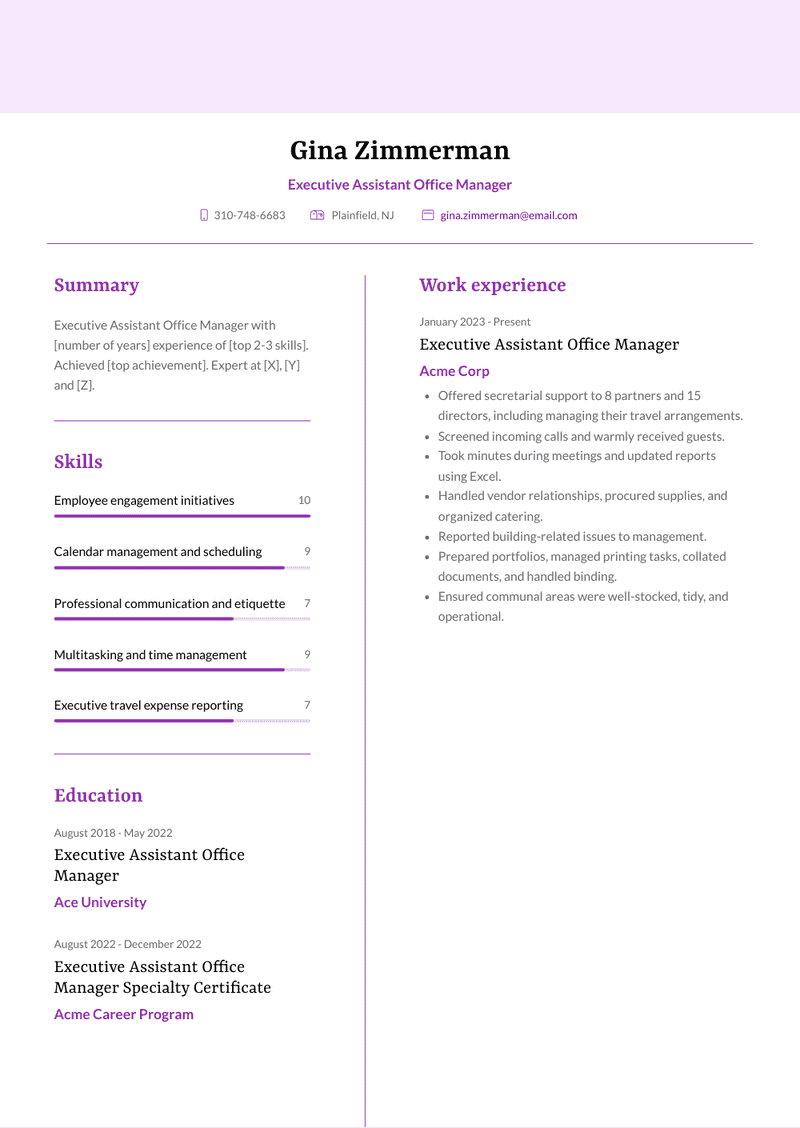 Executive Assistant Office Manager Resume Sample and Template