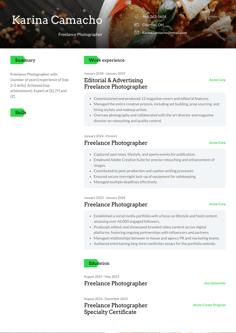 Freelance Photographer Resume Sample and Template