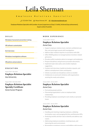 Employee Relations Specialist Resume Sample and Template