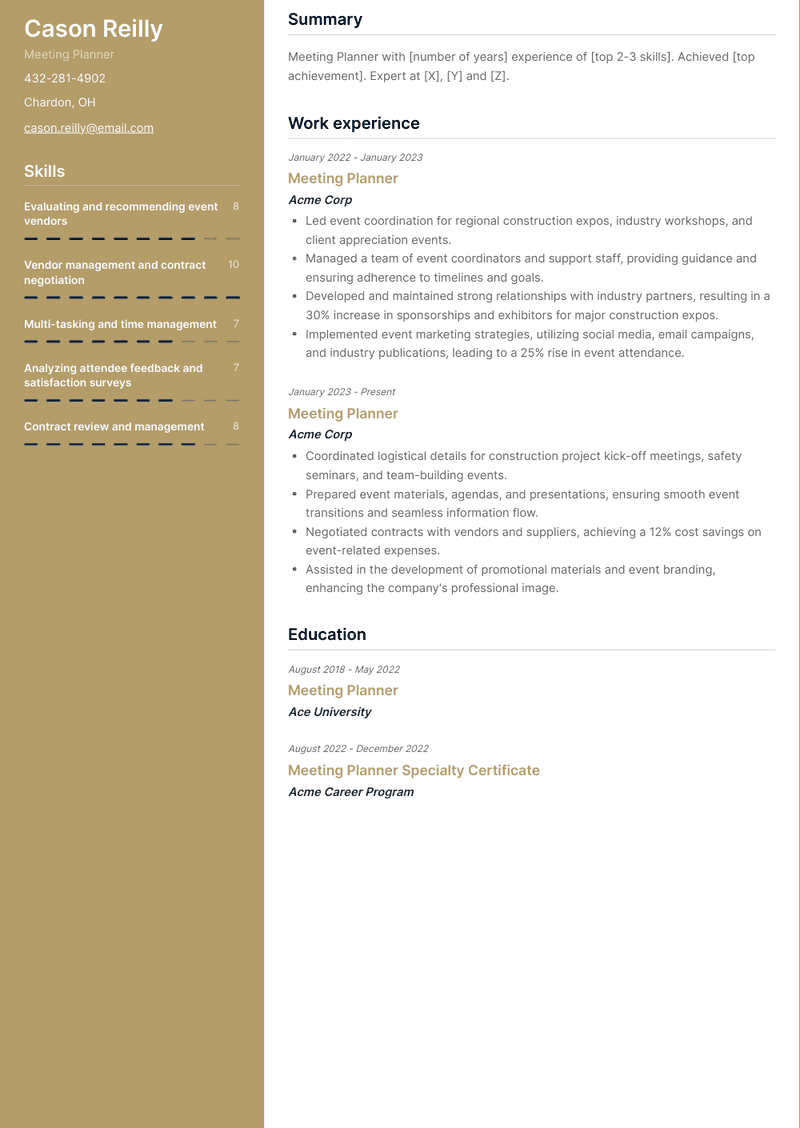 Meeting Planner Resume Sample and Template