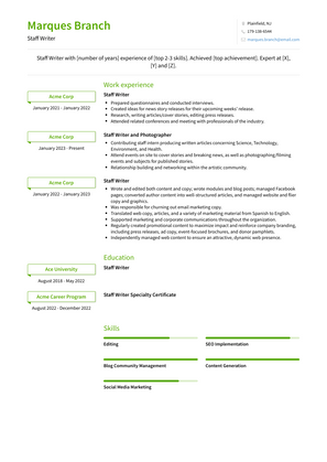 Staff Writer Resume Sample and Template