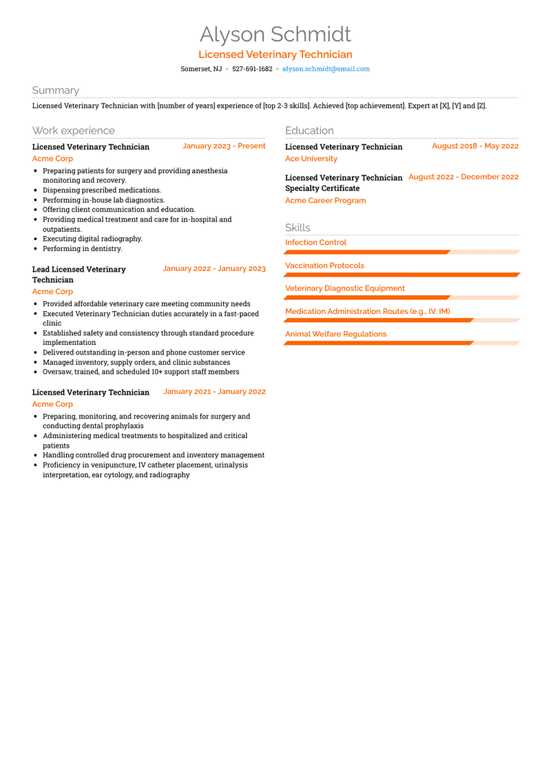 Licensed Veterinary Technician Resume Sample and Template