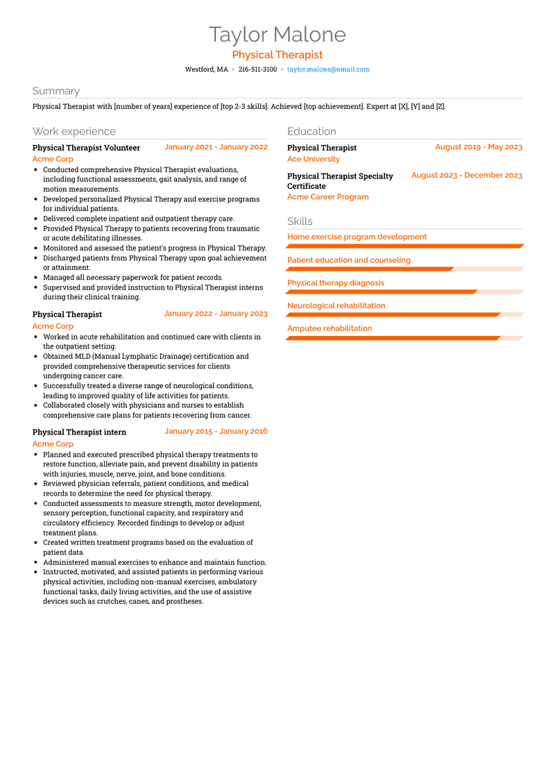 Physical Therapist Resume Sample and Template