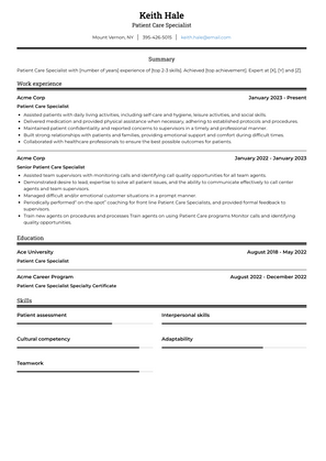 Patient Care Specialist Resume Sample and Template