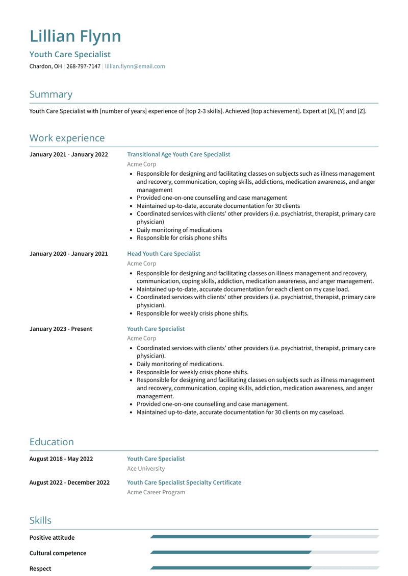 Youth Care Specialist Resume Sample and Template