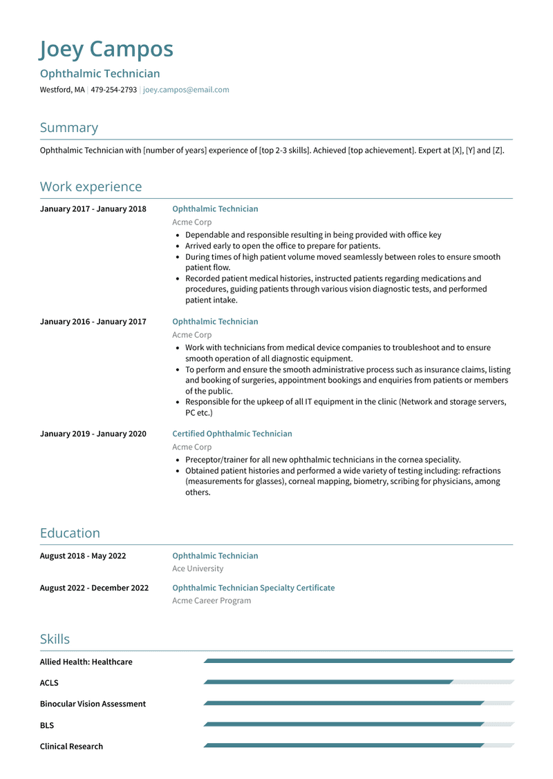 Ophthalmic Technician Resume Sample and Template