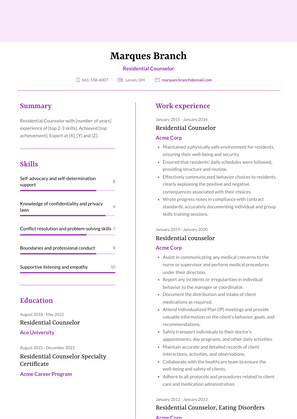 Residential Counselor Resume Sample and Template