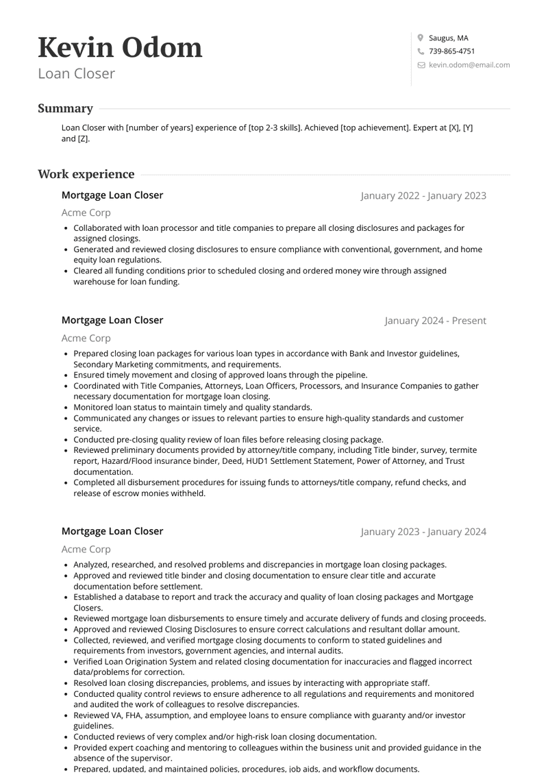 Loan Closer Resume Sample and Template