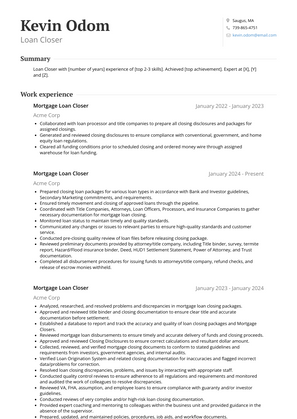 Loan Closer Resume Sample and Template