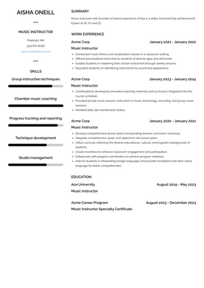 Music Instructor Resume Sample and Template