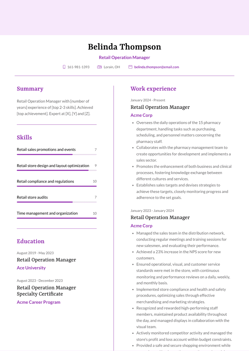 Retail Operation Manager Resume Sample and Template