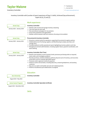 Inventory Controller Resume Sample and Template