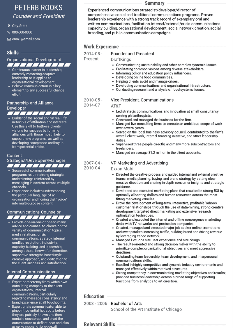 Founder and President Resume Sample and Template