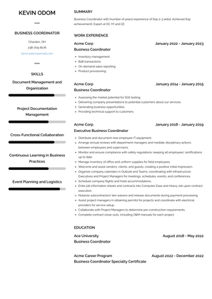 Business Coordinator Resume Sample and Template
