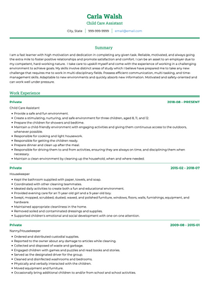 Child Care Assistant CV Example and Template