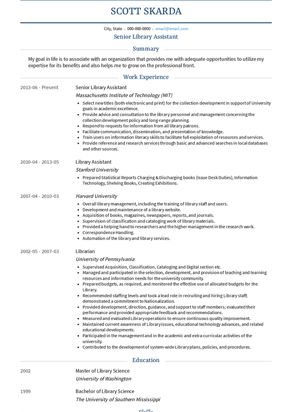 library assistant resume sample in word