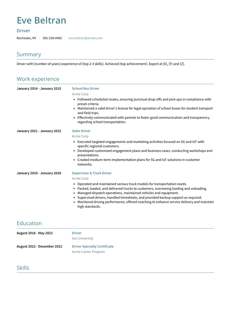 Driver Resume Sample and Template