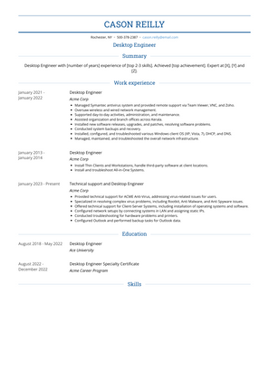 Desktop Engineer Resume Sample and Template