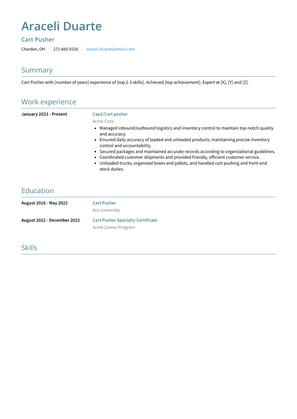 Cart Pusher Resume Sample and Template