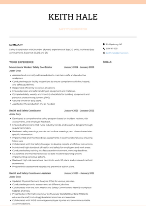 Safety Coordinator Resume Sample and Template