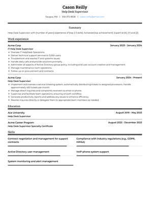 Help Desk Supervisor Resume Sample and Template