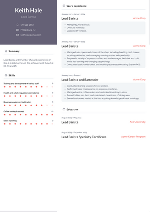 Lead Barista Resume Sample and Template