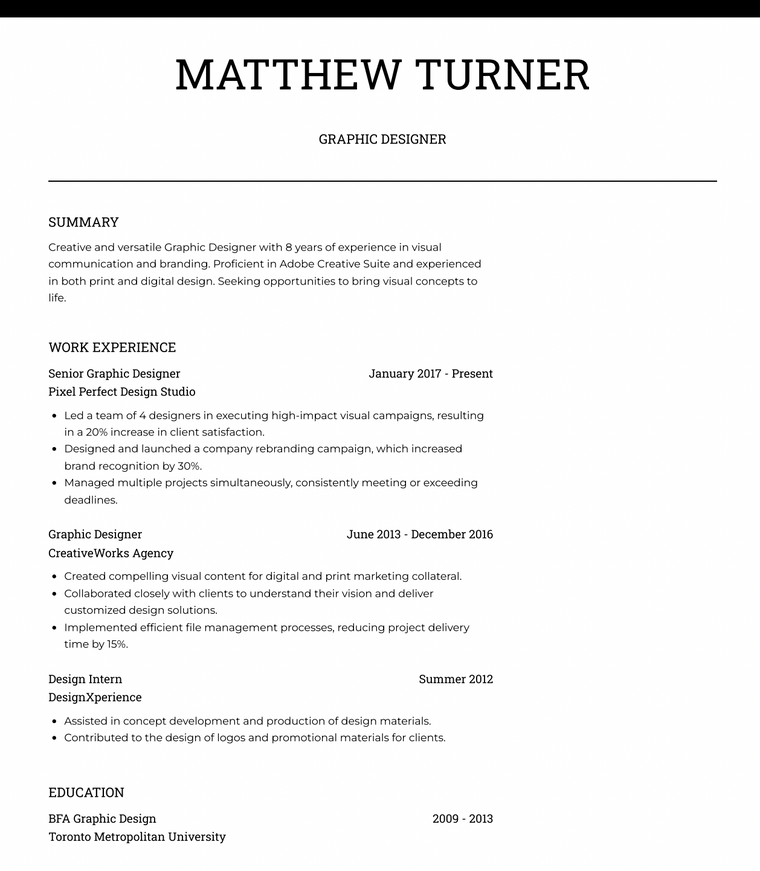 Black and White Resume for Creative Professions