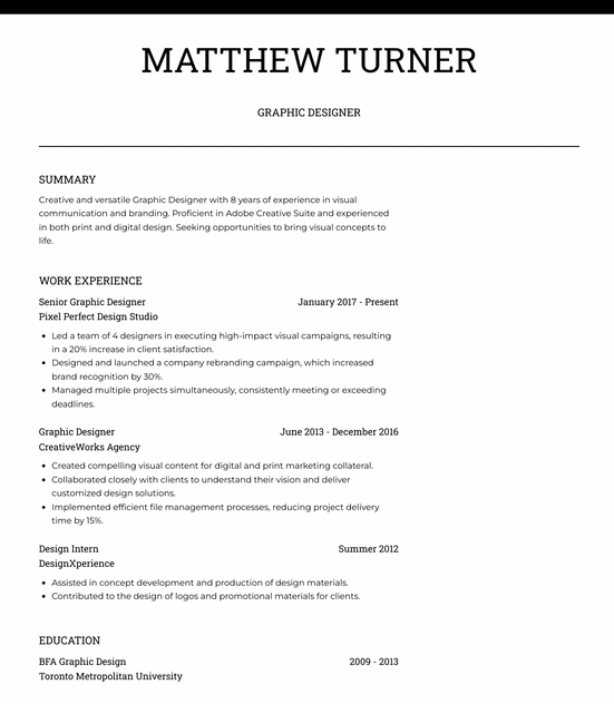 A sample black and white resume for a graphic designer or other creative professions